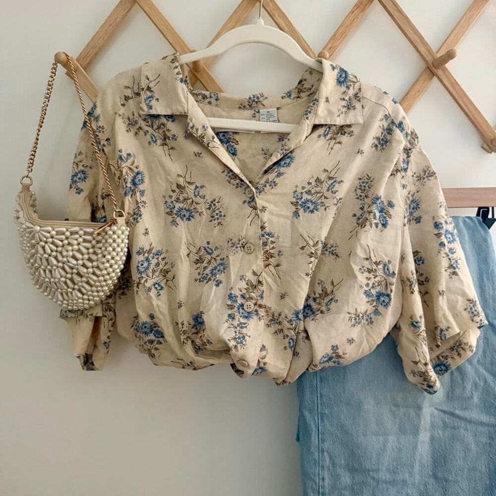 Oversized Vintage inspired floral linen blend blouse